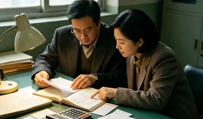 办公室并肩看账,丈夫翻本、妻子指行,台灯加下午自然光,共同面对
