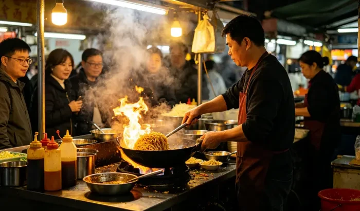 夜市炒粉摊,摊主大铁锅翻炒火焰窜起,蒸汽弥漫,顾客排队,暖黄灯泡
