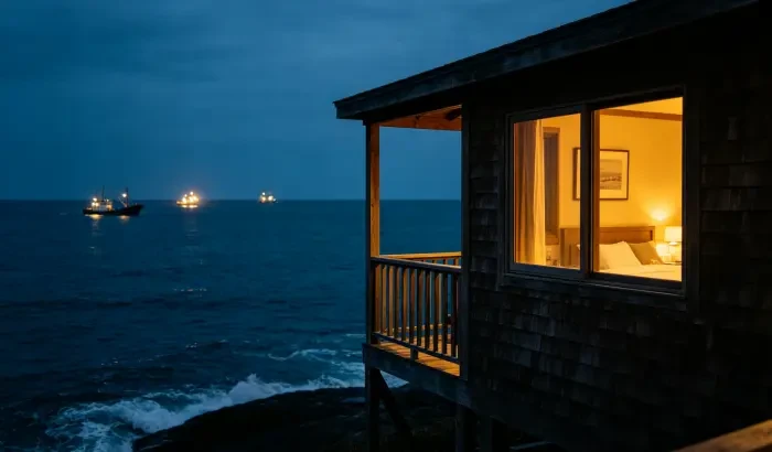 海边木屋夜景,窗户透出暖黄灯光,深蓝海面远处渔船灯火,安静