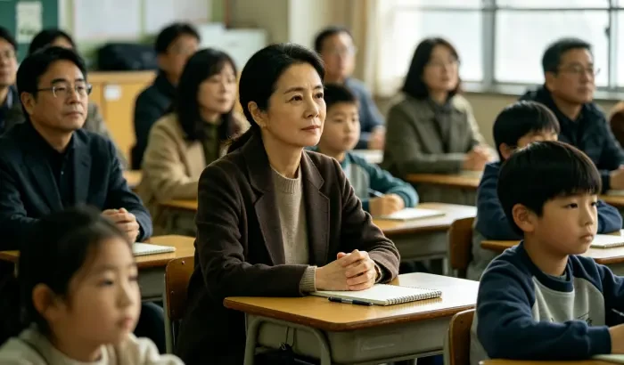 教室家长会,母亲坐直双手放桌上认真听,周围其他家长和孩子,上午自然光