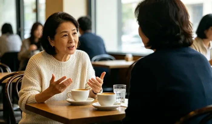 咖啡馆小桌对坐,母亲手势张开认真说,对面另一位女性倾听,两杯咖啡