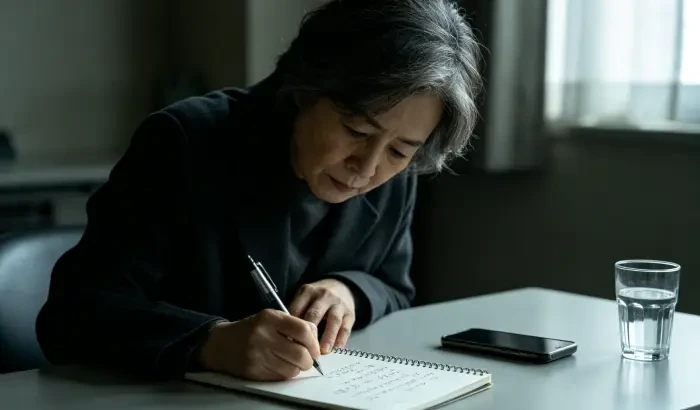 老顾低头在笔记本上记录,神情凝重,桌上手机和水杯,冷调光