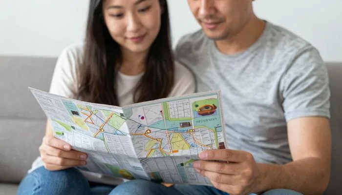 配图3:夫妻并肩坐在沙发上,翻看旅行攻略