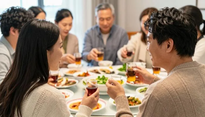 配图1:一大家人围坐吃饭,年轻夫妻坐在角落