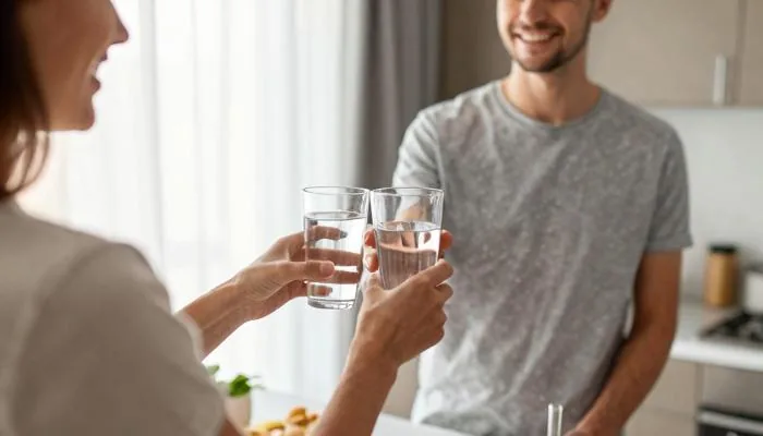 配图3:清晨,夫妻在厨房里互相递水杯