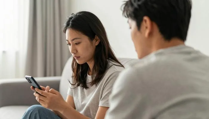配图1:丈夫背对着妻子,低头盯着手机屏幕