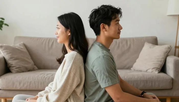 配图1:夫妻背对背坐在客厅两端,谁都不看谁