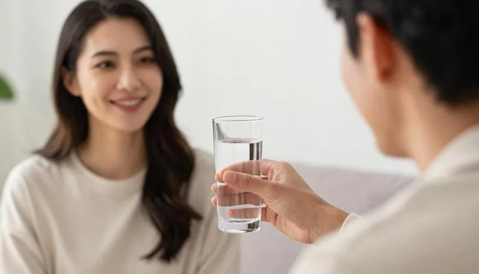 配图2:丈夫端着一杯水,轻轻放在妻子面前