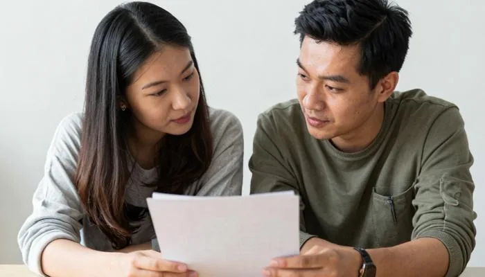 配图2:夫妻并排坐在桌前,一起看一份文件