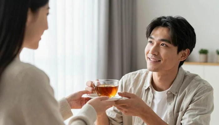 配图2:妻子给丈夫递上一杯热茶,丈夫抬头笑了