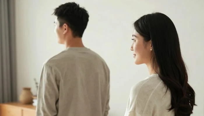 配图1：妻子追着说，丈夫背过身去一言不发