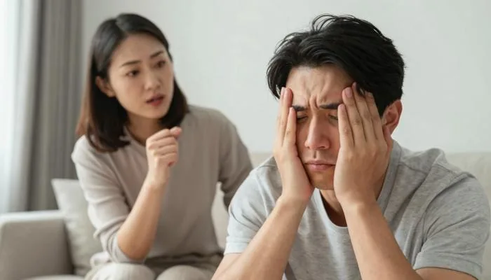 配图1:女人追问,男人一脸无奈