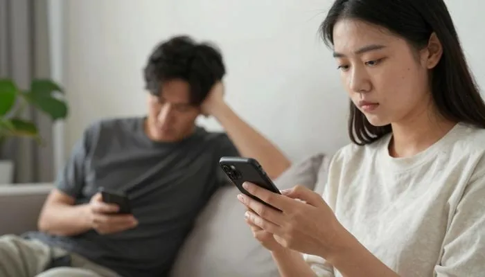 配图1:一方不停发消息,另一方疲惫地放下手机