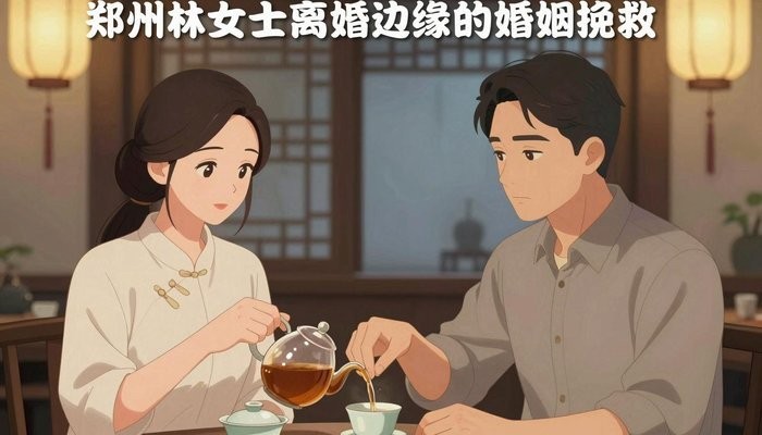 第三者一男一女两位华裔隔着传统茶桌对坐,女方为男方杯中倒茶,神情温和而认真