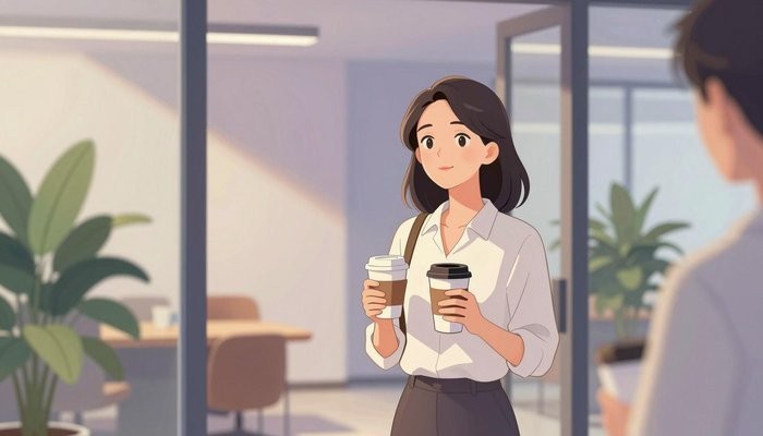 重新谈判一位华裔女性站在办公休息区门口,手拿两杯咖啡,望向画面外