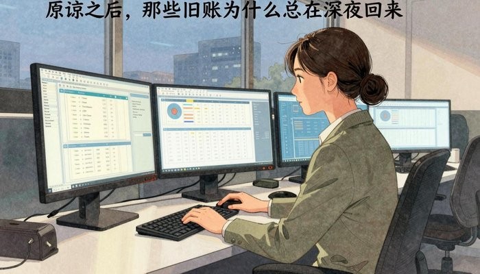 婚姻知识一位华裔女性坐在开放式办公桌前,三台显示器显示数据图表,屏幕光映亮侧脸
