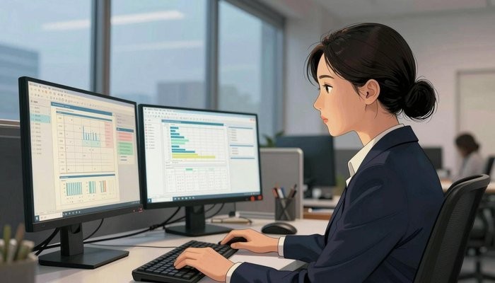 心理咨询一位华裔女性坐在开放式办公桌前,三台显示器显示数据图表,屏幕光映亮侧脸