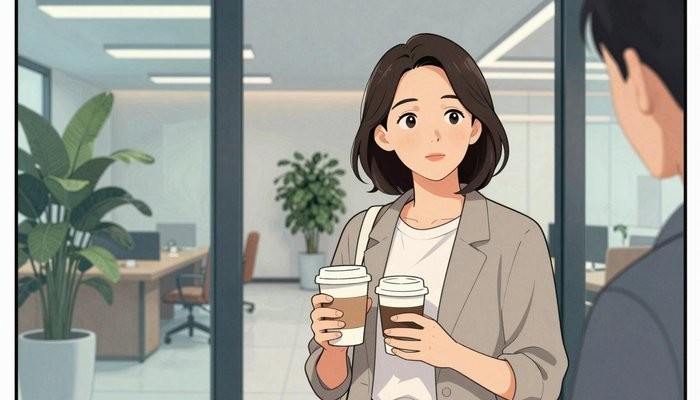 两性差异一位华裔女性站在办公休息区门口,手拿两杯咖啡,望向画面外