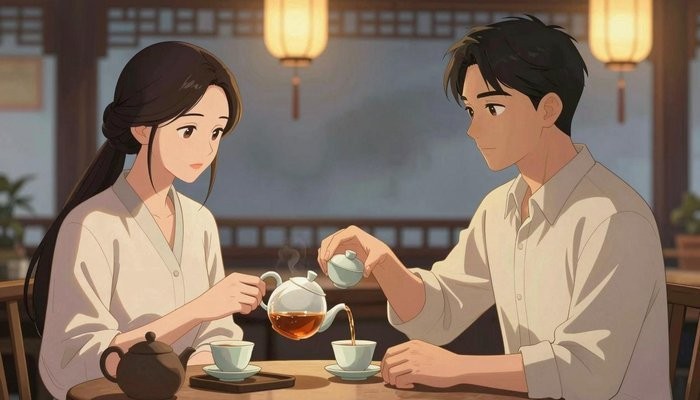 创伤修复一男一女两位华裔隔着传统茶桌对坐,女方为男方杯中倒茶,神情温和而认真