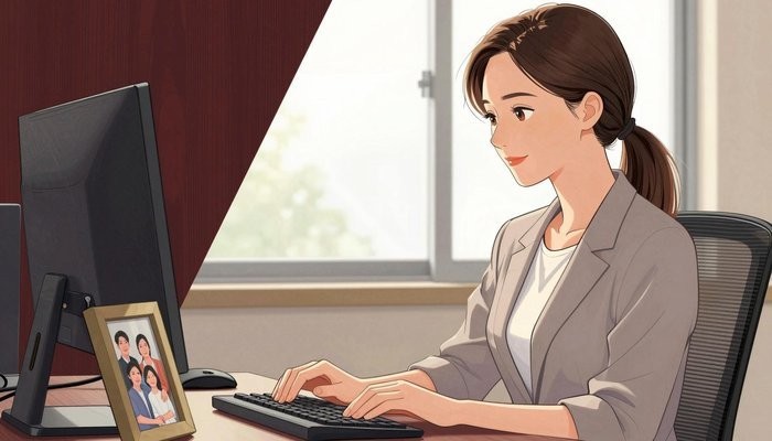 关系修复一位华裔女性坐在办公桌前,看着键盘旁的全家福相框露出淡淡微笑