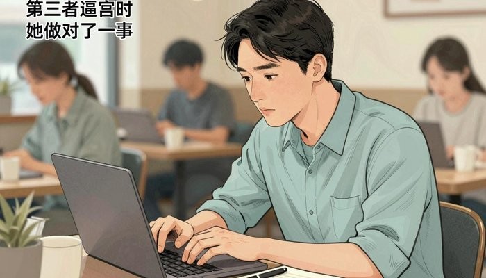 移情分离法一位华裔男性坐在咖啡店卡座，笔记本电脑打开专注看屏幕，旁边放笔记本和笔