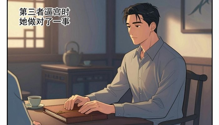 法律边界一位华裔男性坐在茶馆包间，双手放在合起的皮质卷宗上，面对未出镜的同伴