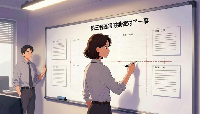 关系修复一位华裔女性站在贴满笔记和时间线的白板旁，手持马克笔侧身面向白板
