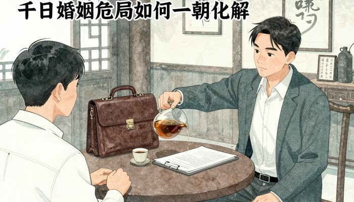 离间法一位华裔男性在茶馆包间为桌对面的客户倒茶,身旁放着公文包和文件