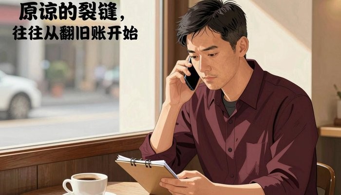 安全感一位华裔男性坐在咖啡馆角落，手机贴耳，在小本子上记录