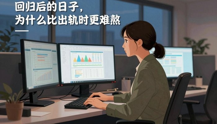 两性关系一位华裔女性坐在开放式办公桌前，三台显示器显示数据图表，屏幕光映亮侧脸