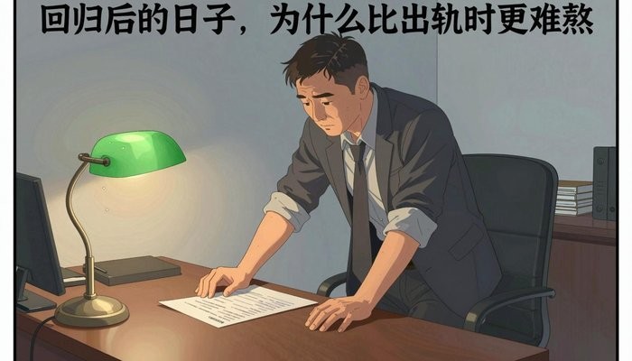认知重构一位四十多岁的华裔男性坐在私人办公室，身体前倾双手按在堆满文件的桌上