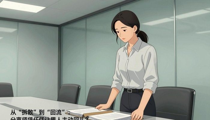 男女差异一位华裔女性站在玻璃幕墙会议室桌首，双手按在一叠文件夹上低头看文件