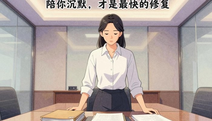 两性关系一位华裔女性站在玻璃幕墙会议室桌首,双手按在一叠文件夹上低头看文件
