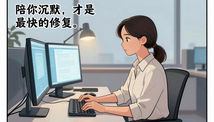无性婚姻一位华裔女性在简洁现代办公工位,双屏发光,敲击键盘神情专注