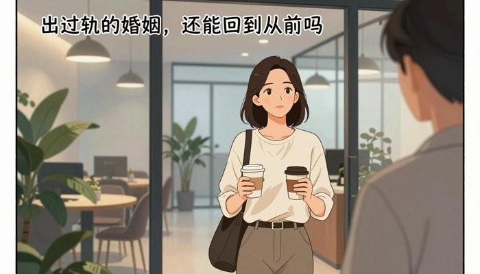 关系修复一位华裔女性站在办公休息区门口,手拿两杯咖啡,望向画面外