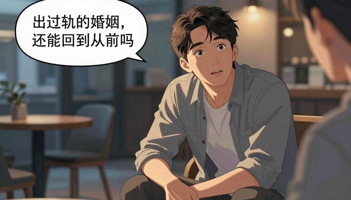 冲突修复一位华裔男性坐在咖啡馆,身体前倾双肘撑膝,抬头望向画面外,神情恳切