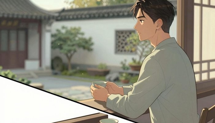 移情分离法一位华裔男性站在茶馆窗边,双手轻握茶杯望向庭院花园