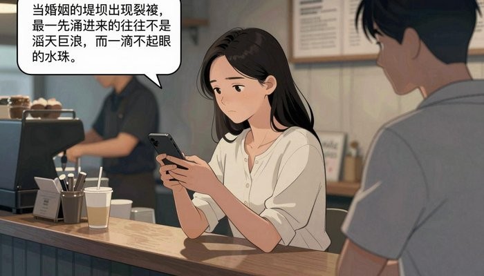 出轨修复一位华裔女性站在咖啡馆吧台旁等餐,轻靠吧台看手机