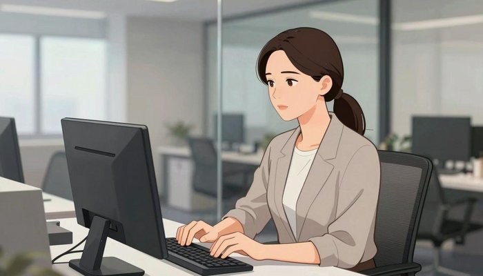 第三方介入一位华裔女性坐在玻璃幕墙办公室的办公桌前,指尖轻触键盘看向屏幕