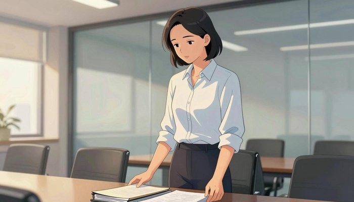婚姻重建一位华裔女性站在玻璃幕墙会议室桌首，双手按在一叠文件夹上低头看文件
