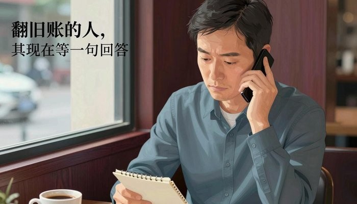 婚姻知识一位华裔男性坐在咖啡馆角落，手机贴耳，在小本子上记录