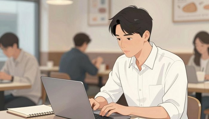 婚姻沟通一位华裔男性坐在咖啡店卡座,笔记本电脑打开专注看屏幕,旁边放笔记本和笔