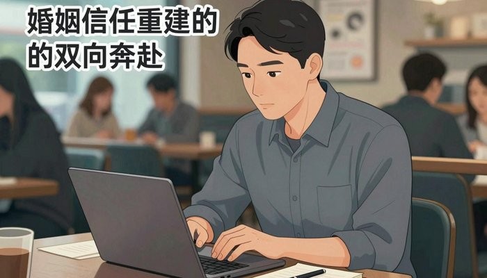 冲突处理一位华裔男性坐在咖啡店卡座,笔记本电脑打开专注看屏幕,旁边放笔记本和笔