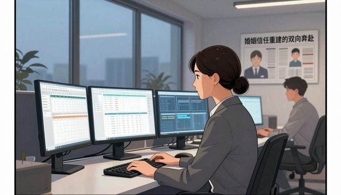 关系维护一位华裔女性坐在开放式办公桌前,三台显示器显示数据图表,屏幕光映亮侧脸