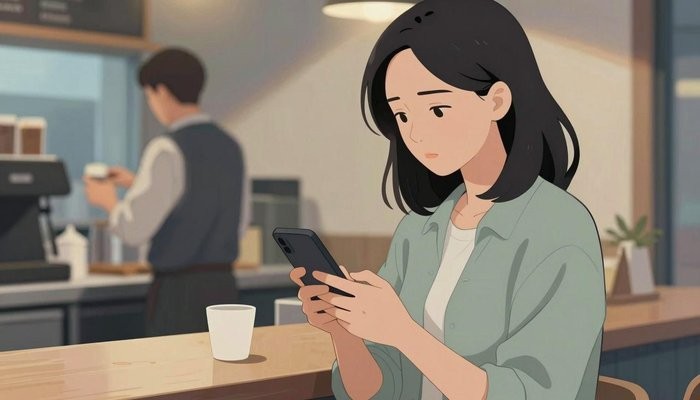 婚姻修复一位华裔女性站在咖啡馆吧台旁等餐,轻靠吧台看手机