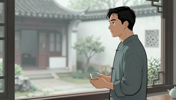 分离第三者一位华裔男性站在茶馆窗边,双手轻握茶杯望向庭院花园