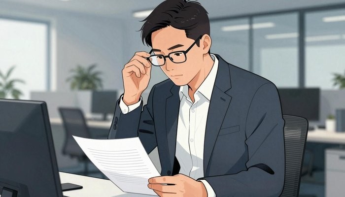 关系边界一位华裔男性站在办公站立式书桌前查看文件,一手扶眼镜