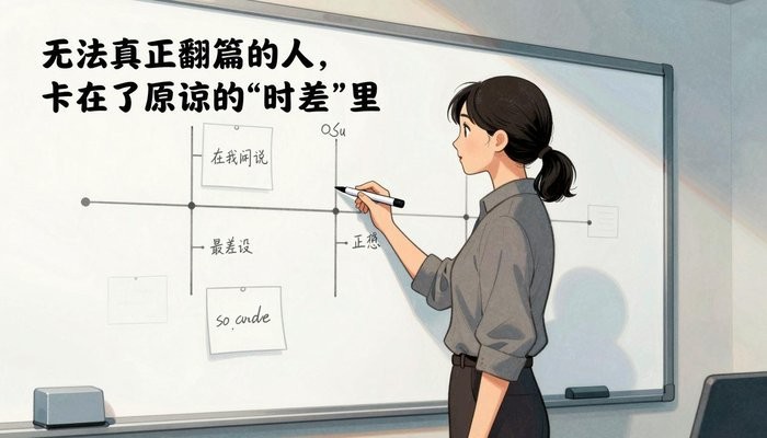 情绪表达一位华裔女性站在贴满笔记和时间线的白板旁,手持马克笔侧身面向白板