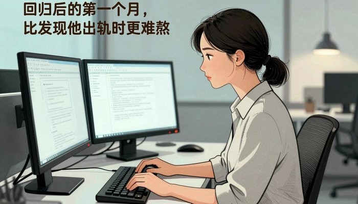 安全感一位华裔女性在简洁现代办公工位,双屏发光,敲击键盘神情专注