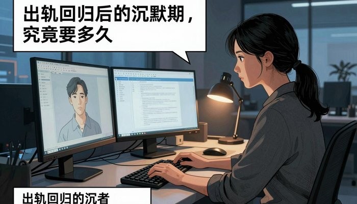 婚姻挽救机构一位华裔女性在简洁现代办公工位,双屏发光,敲击键盘神情专注